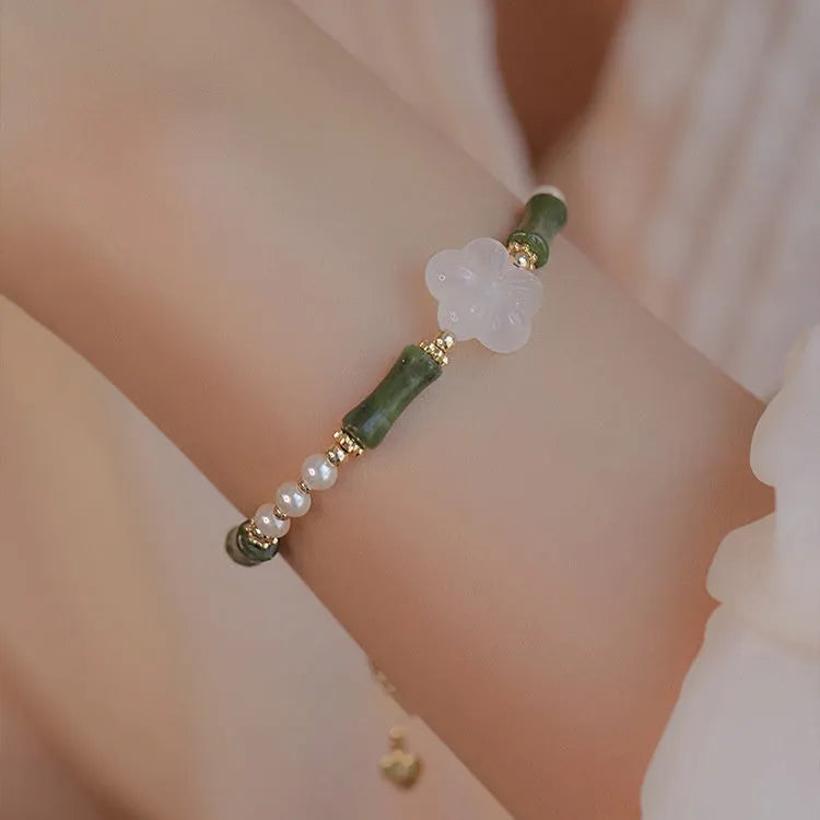 Traditional Chinese bamboo joint bracelet with Hetian jade and copper shell pearls