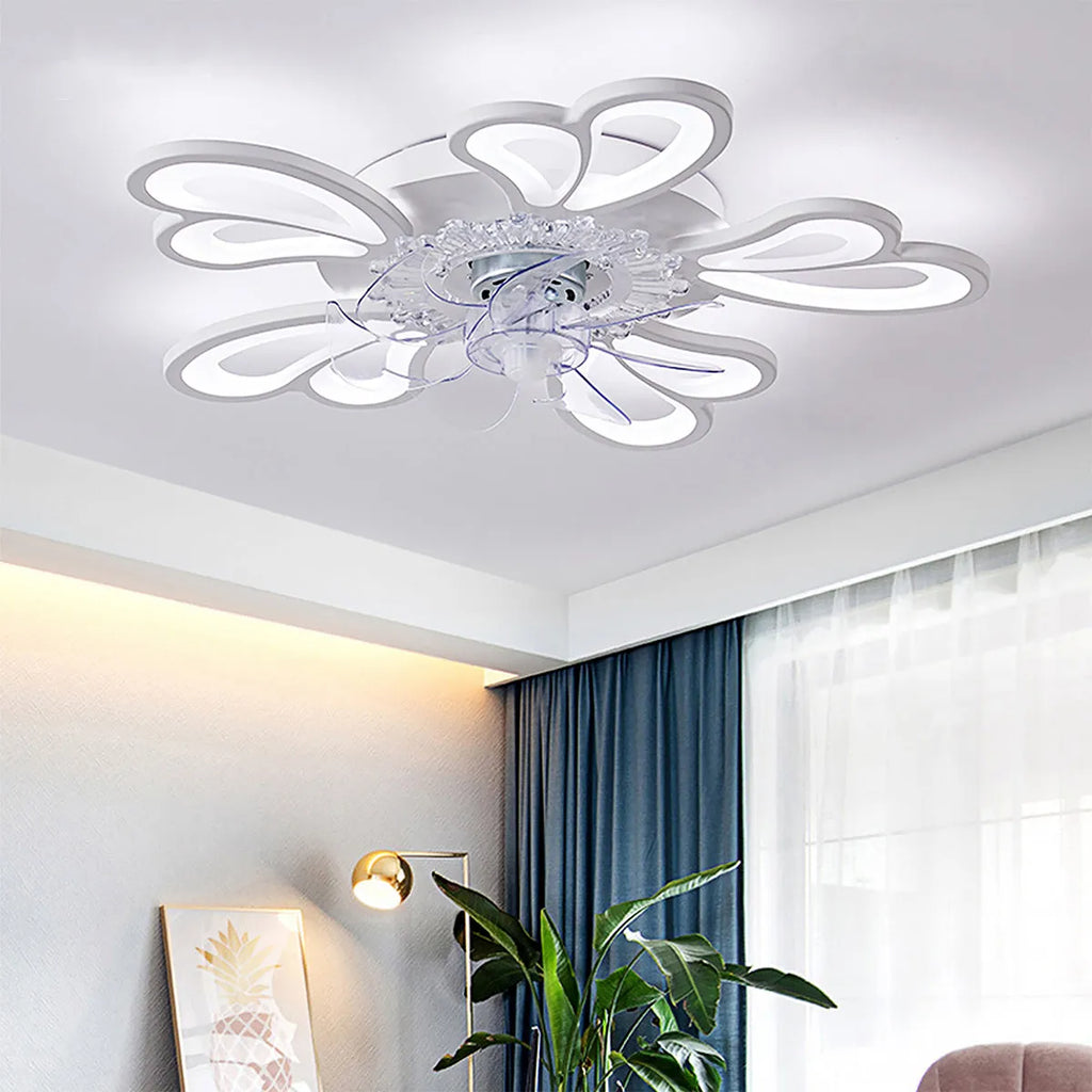Modern white ceiling fan light with six blades and integrated light, bauhinia flower design.