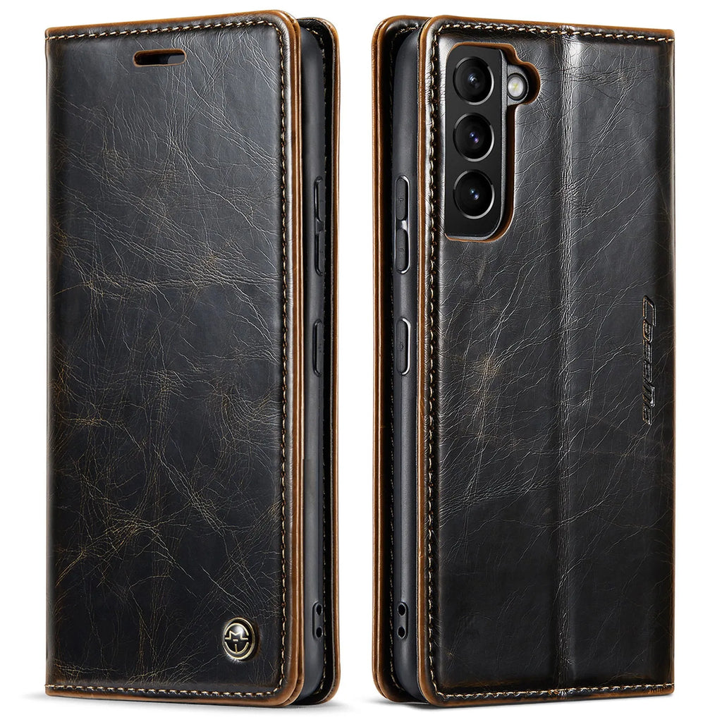 Crazy horse pattern card flip phone case for Samsung A55 with kickstand and magnetic closure, black colour.