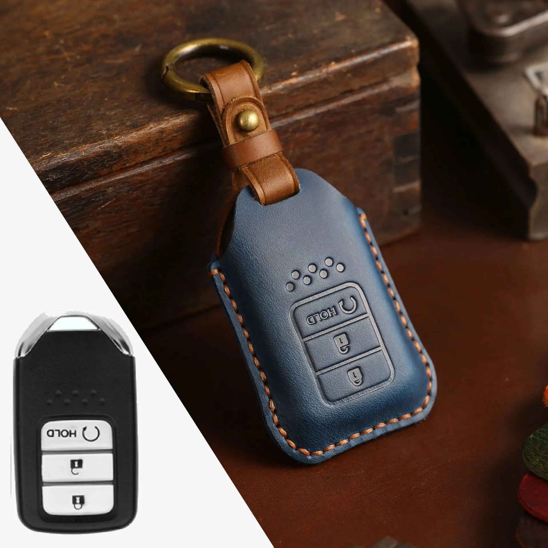 Full leather cowhide car key case for remote key fob protection, available in multiple colours and button layouts