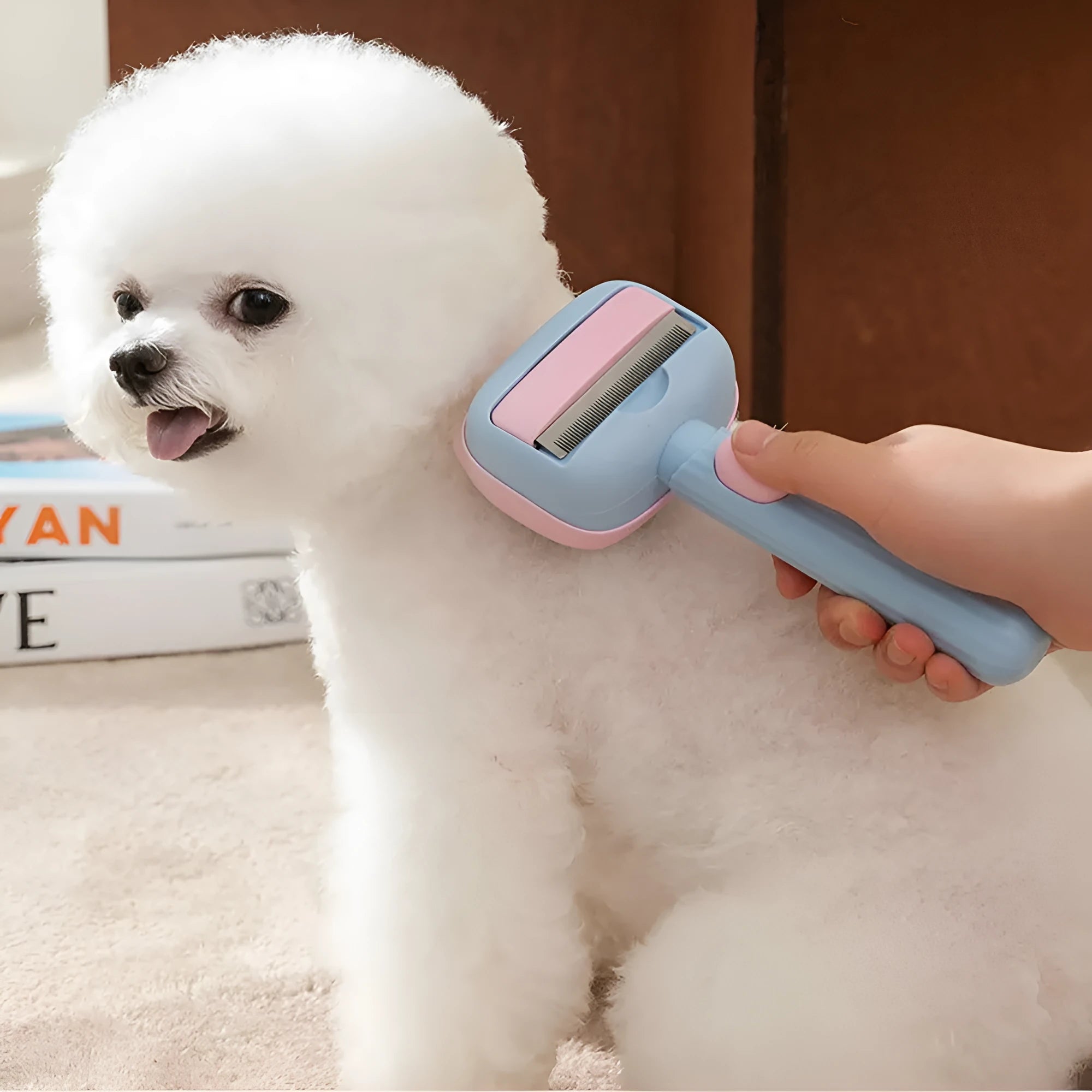 Blue and green double-sided pet grooming brush with deshedding rake and dematting comb.
