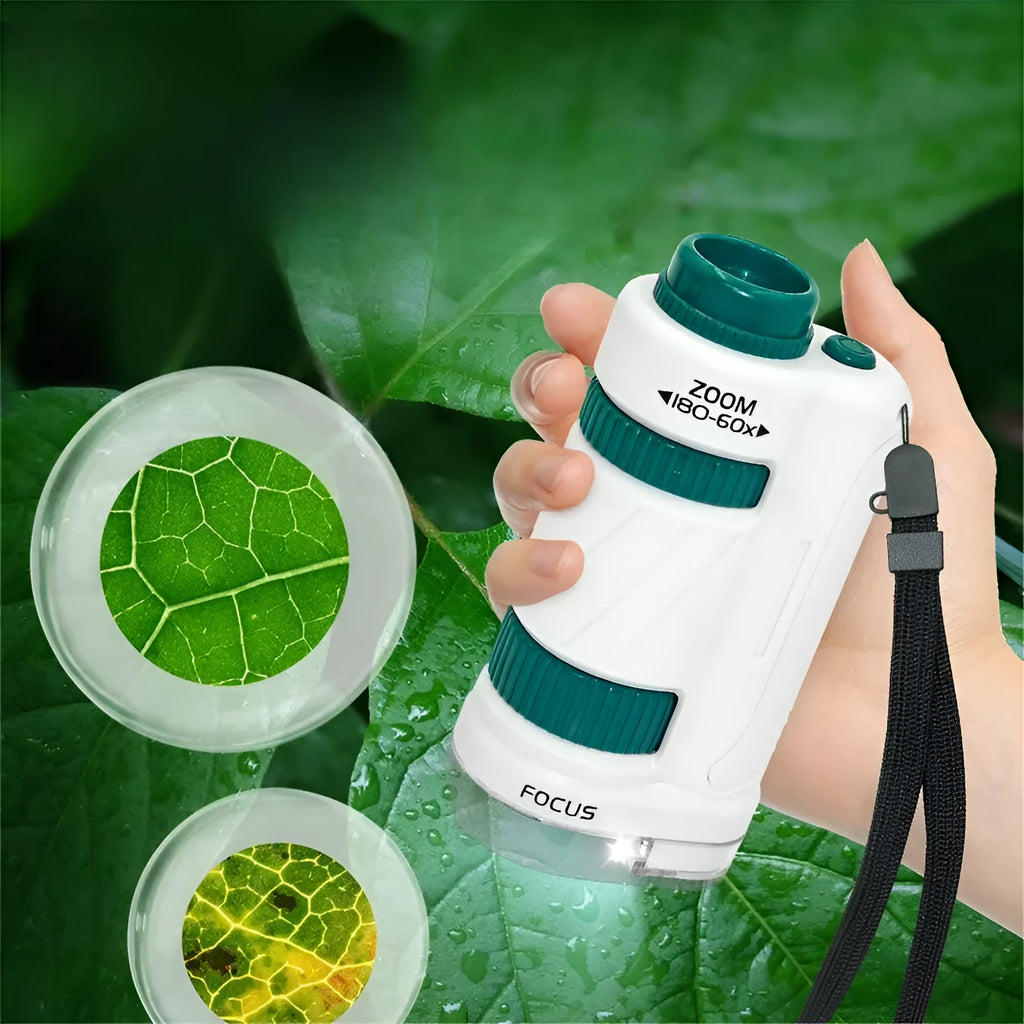 White and green portable plastic microscope kit with specimen slides for outdoor education.