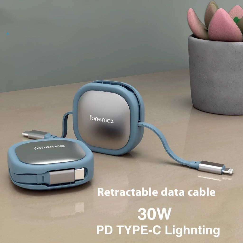 Black telescopic Lightning charging cable with aluminium alloy connector, extended to full length on a white desk