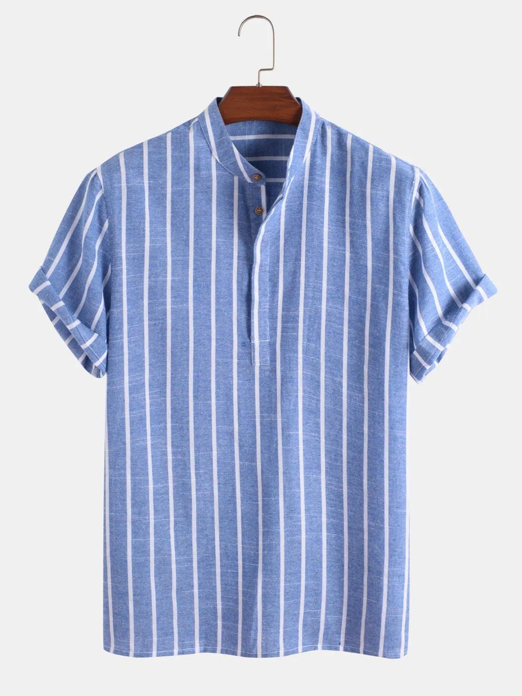 Fashion striped casual men's shirt short sleeve cotton pullover in white, red, gray, blue