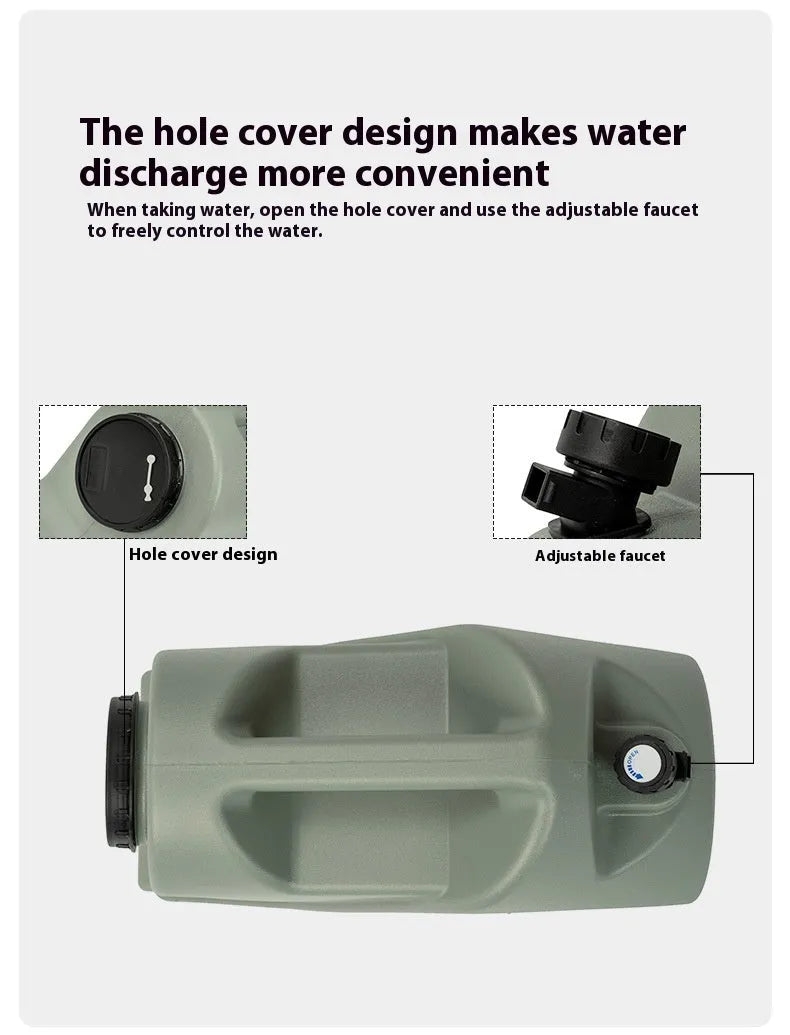 Green portable water storage tank with 13L and 18L capacity options for camping and household use