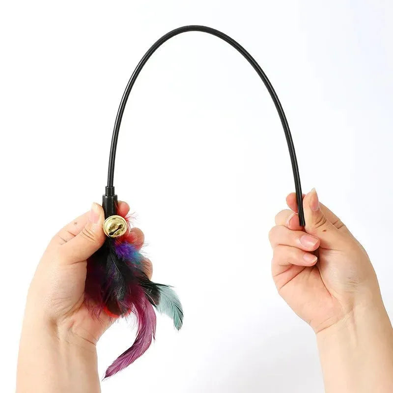 Rainbow cat feather toy stick with plush feathers and bells on plastic handle 35cm long