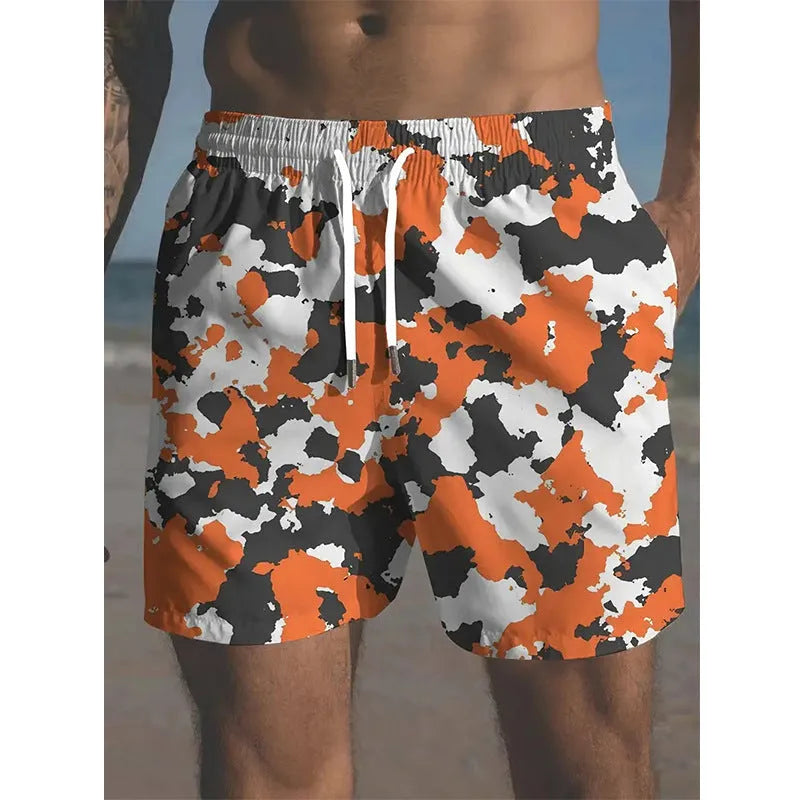 Men's polyester beach shorts with elastic waistband and printed streetwear design in multiple colour options