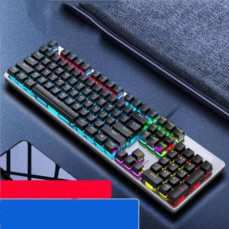 AOC GK410 wired mechanical keyboard with full 104-key layout and backlit keys on a metal frame.