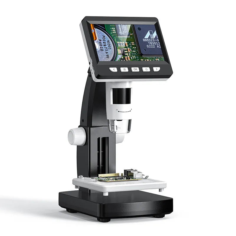 HD mobile phone repair microscope with screen showing 100x magnified view of a circuit board