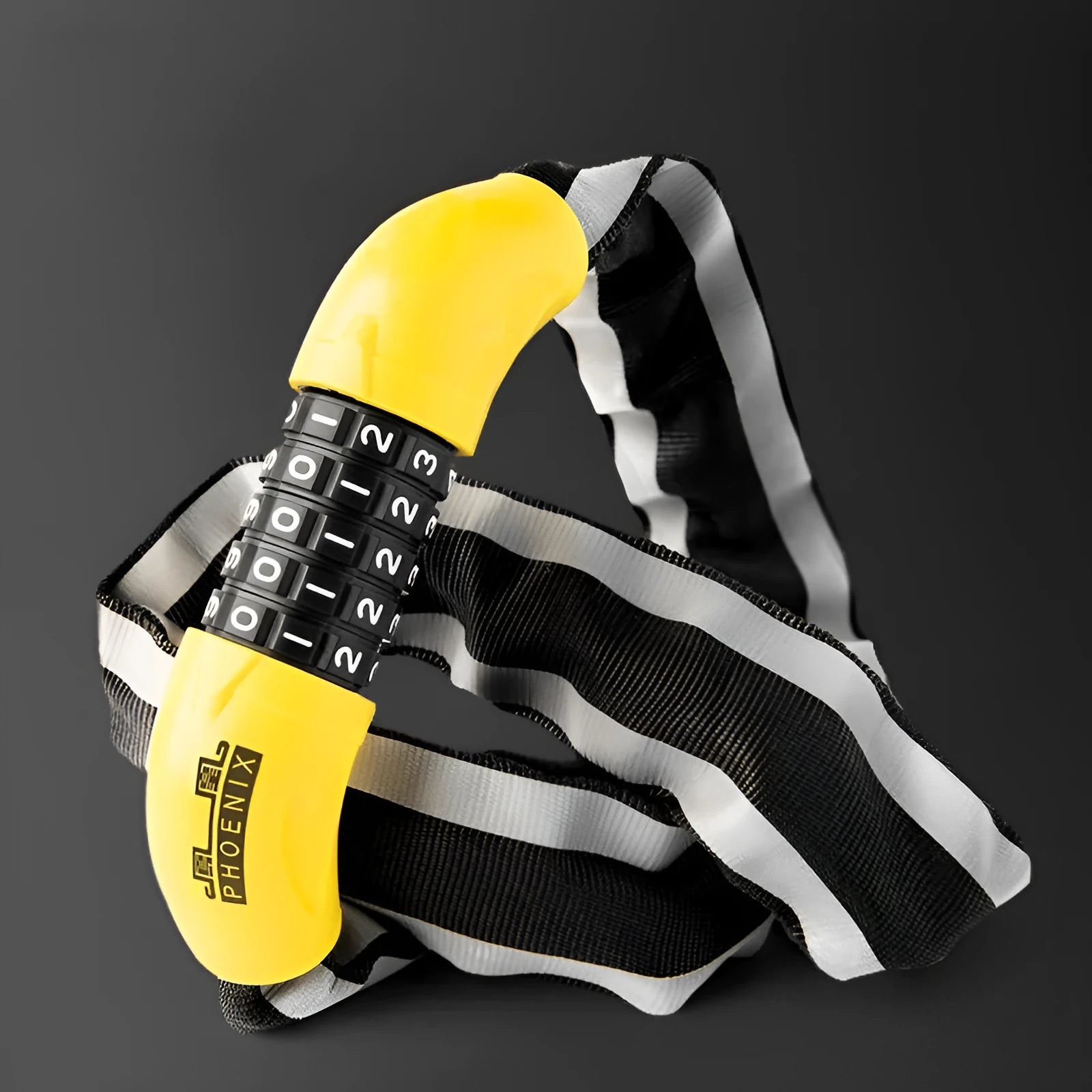 A black and a yellow 95cm zinc alloy chain lock for mountain bikes, showing both combination dial and key chain versions.