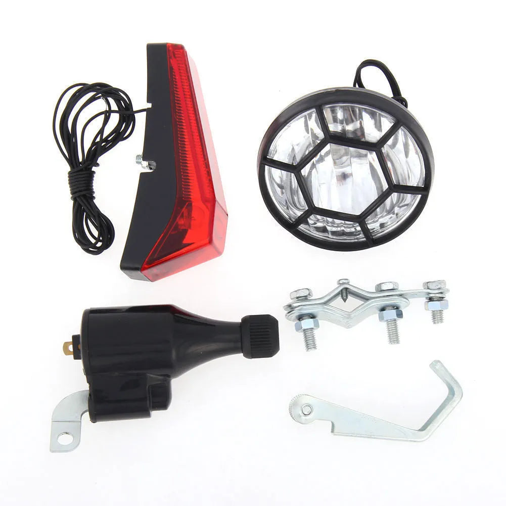Silver bicycle dynamo generator light kit for front fork or rear frame mounting with 12V and 6V options