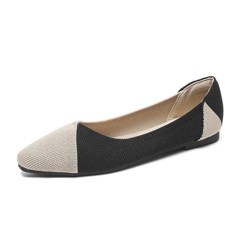 Women's flyknit knitted casual shoes in apricot black colour with a soft sole and flat heel.