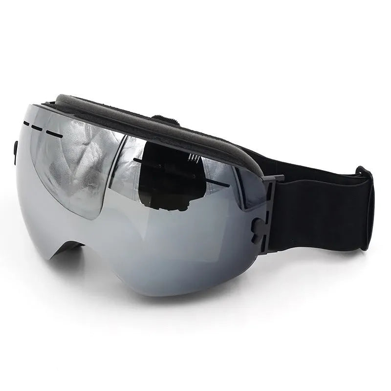Double layer anti fog skiing mirror with TPU frame and PC lens, available in black, blue, and red.