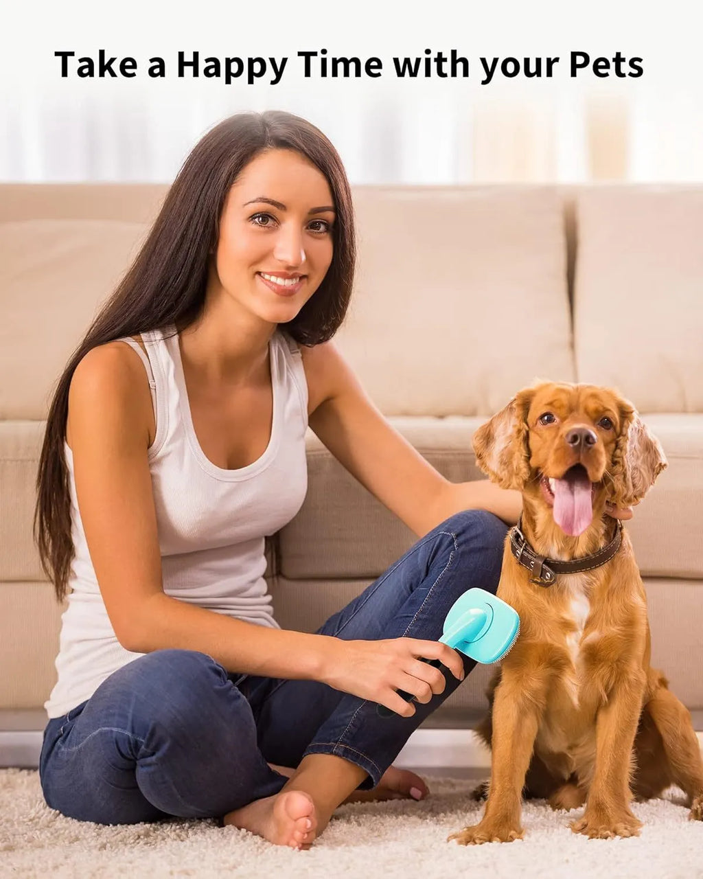 Blue large rectangular pet grooming brush with stainless steel bristles and rubber handle on white background