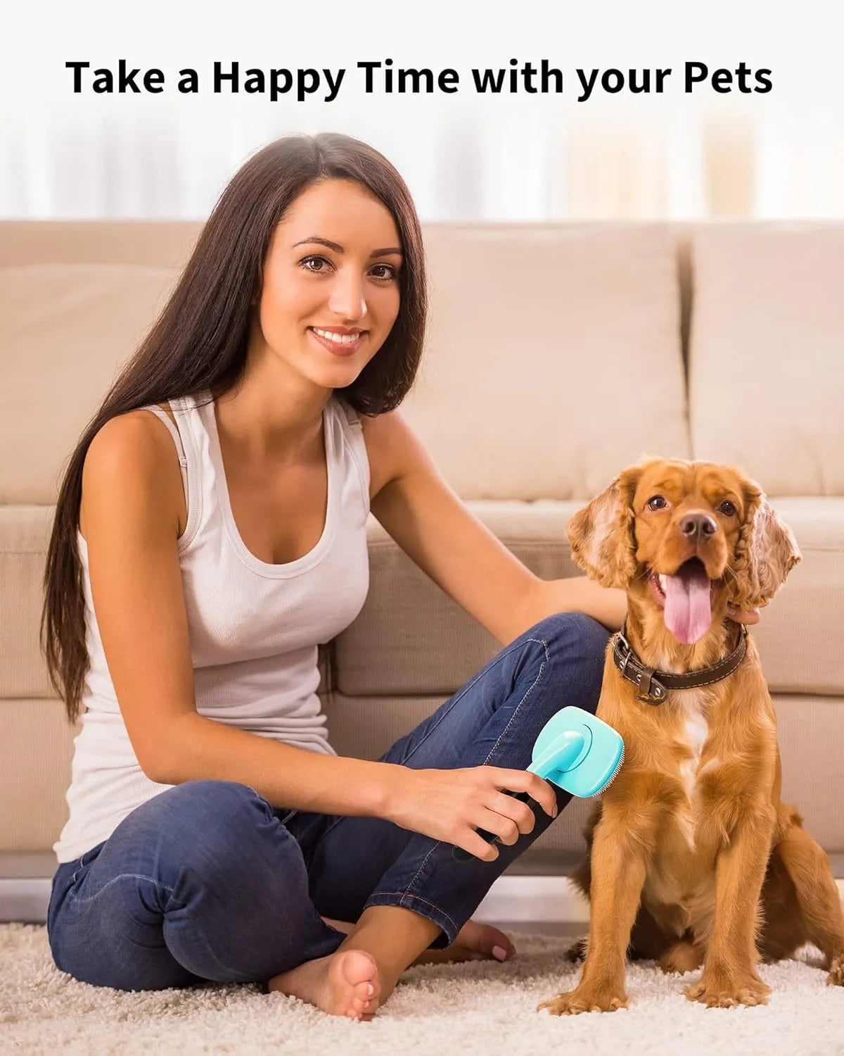 Blue large rectangular pet grooming brush with stainless steel bristles and rubber handle on white background