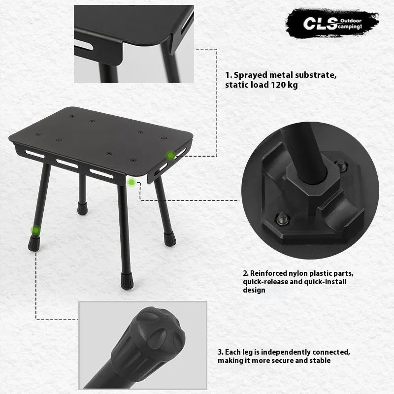 CLS aluminium dual-use folding camping stool converted into a small table next to its storage bag.