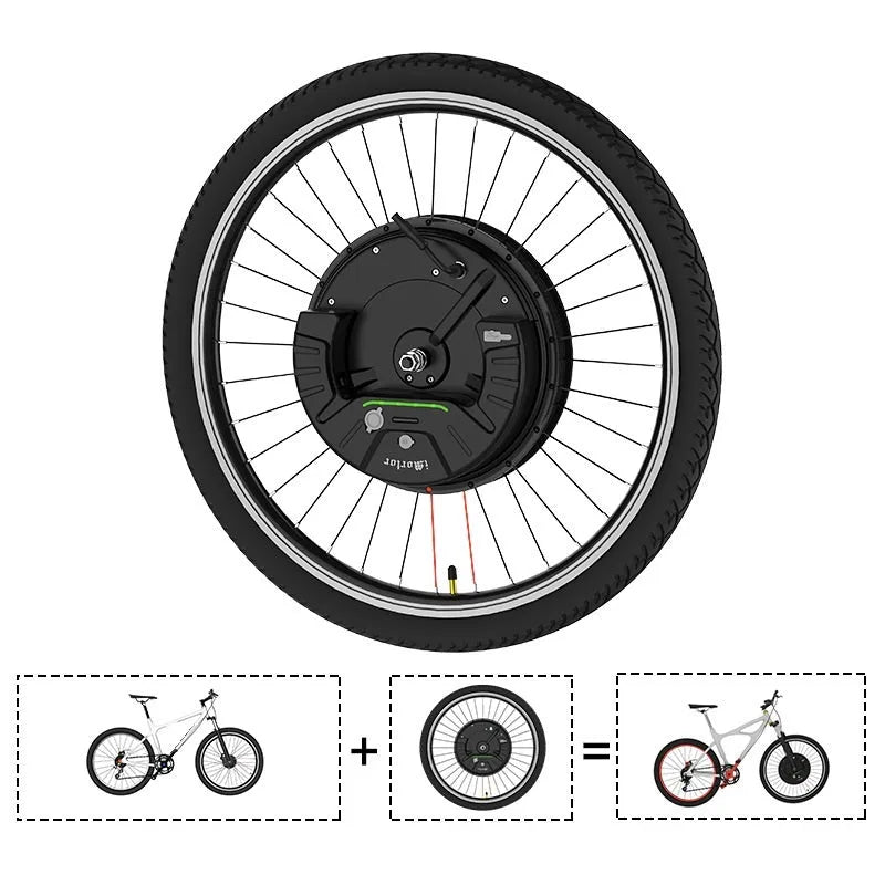 Imotor 3.0 electric bicycle conversion kit showing black alloy hub motor wheel ready for installation.