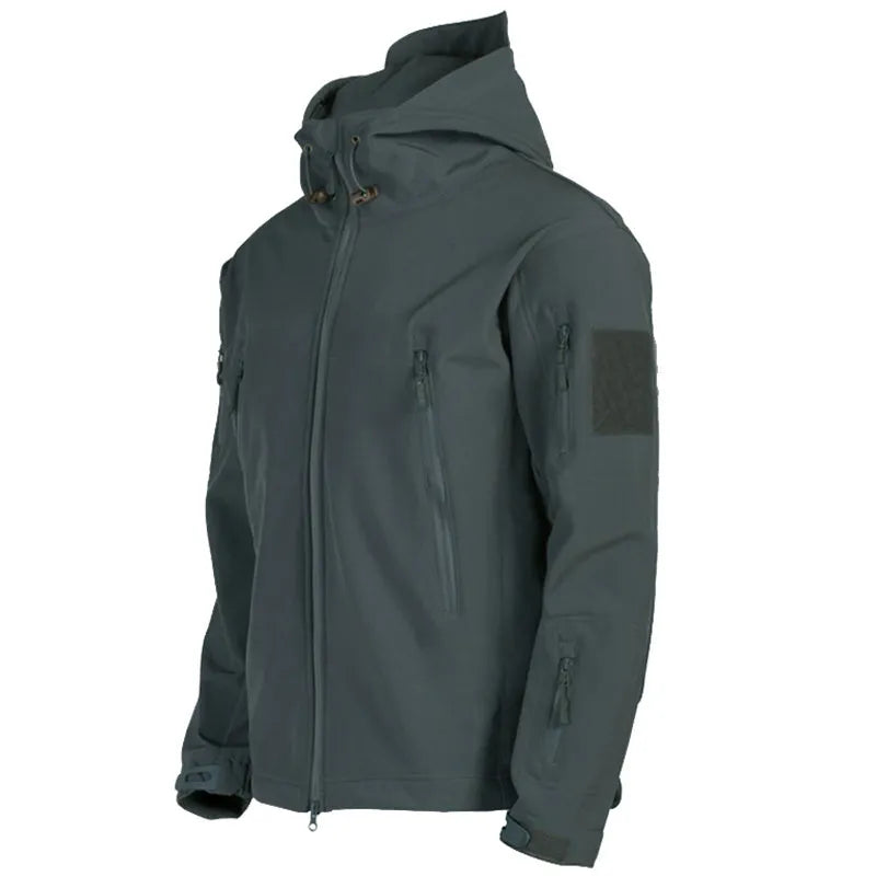 Men's windproof hooded soft shell jacket in black polyester fibre with front zipper and hood