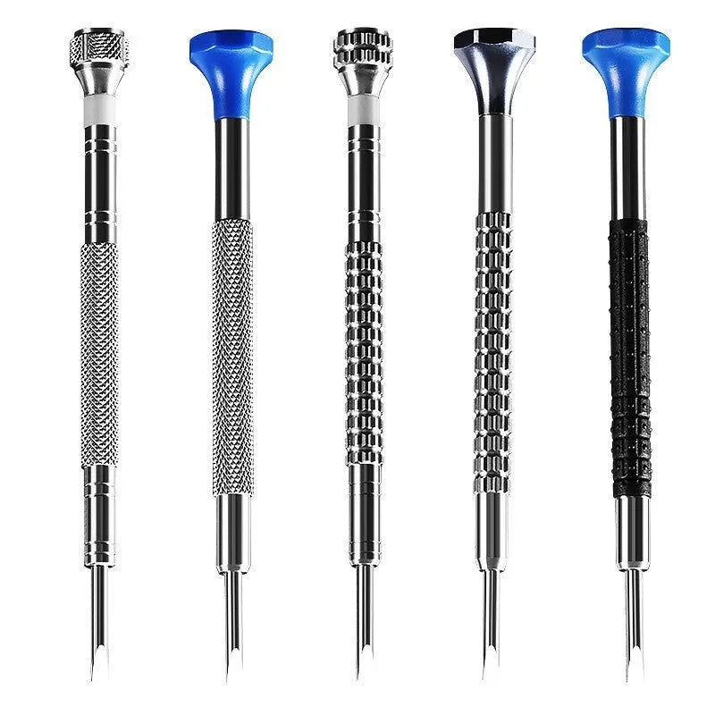 Ten-piece watch repair tool set with manual screwdriver and interchangeable heads for precision repair work