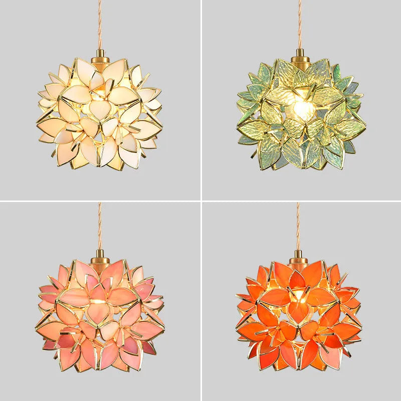 Stained glass hanging line chandelier with copper lamp head in a choice of light colours.
