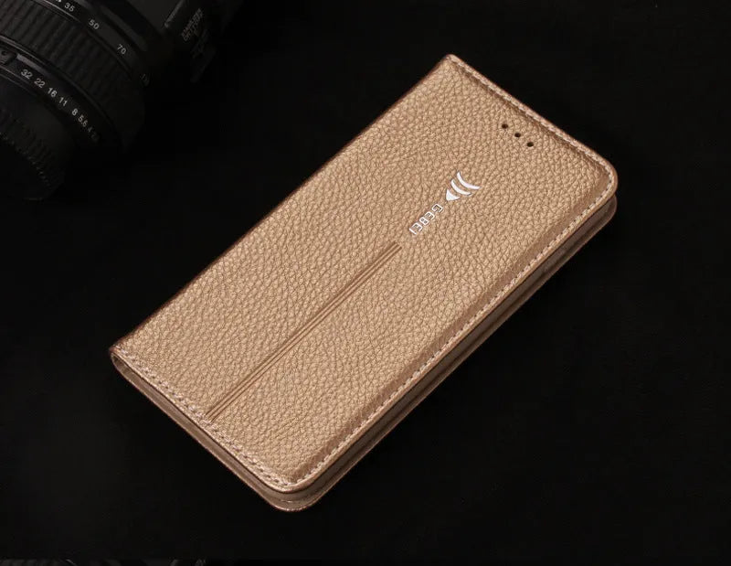 Black PU leather wallet phone case for iPhone with multiple card slots open.