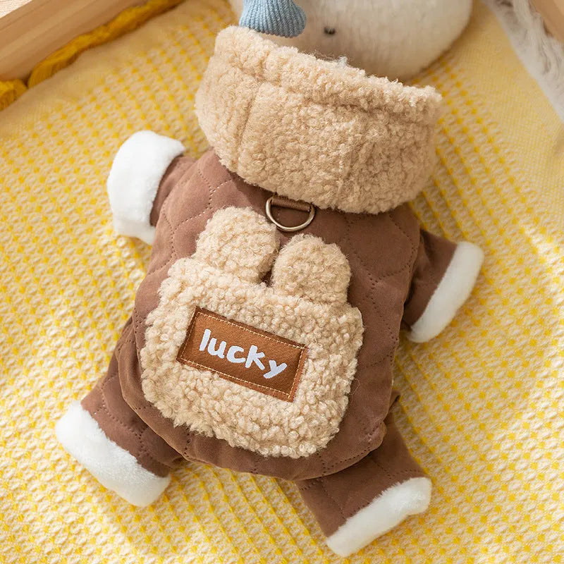 Thick quilted pet dog coat in brown with four-leg coverage and 3D bear ears