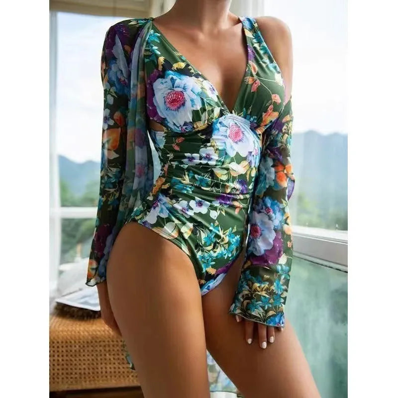 Women's floral print bikini three-piece set with matching coat in multiple colour options