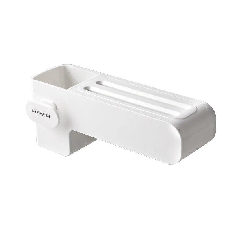 White plastic kitchen knife storage rack with compact dimensions on kitchen worktop