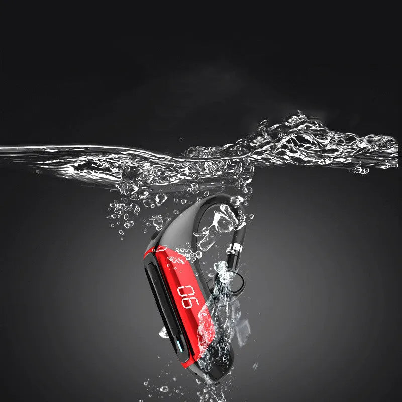 Bluetooth 5.1 wireless earphones in Chinese red with ear-hook design and power display