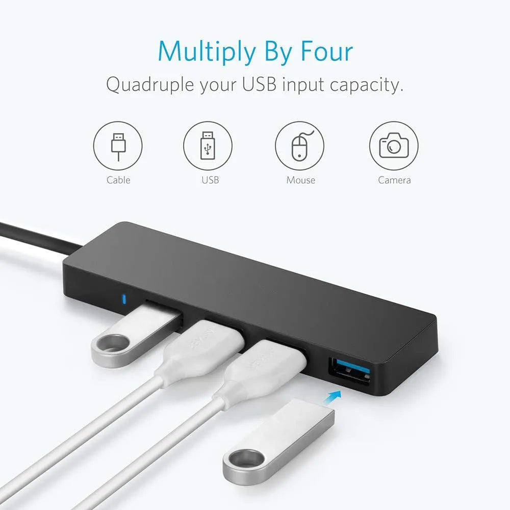 Black USB 3.0 hub with four ports and 30cm cable for computer expansion