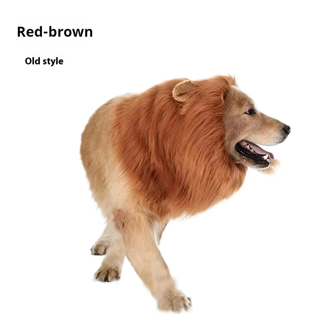 Pet dog wearing lion head cover costume with realistic fur in choice of black, light brown or red brown colours