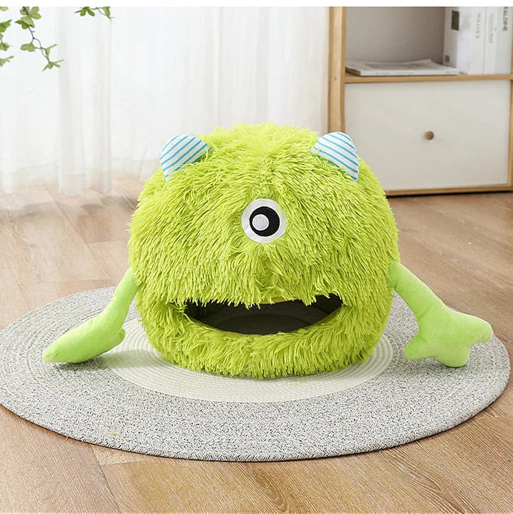 Fluffy round cat bed with non-slip base shown in three measured sizes