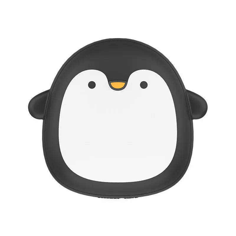Cartoon penguin and polar bear design USB rechargeable hand warmer showing front and back.