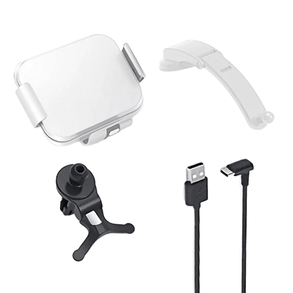 Grey wireless charging car phone holder with folding screen shown with air vent clip and suction cup bracket.