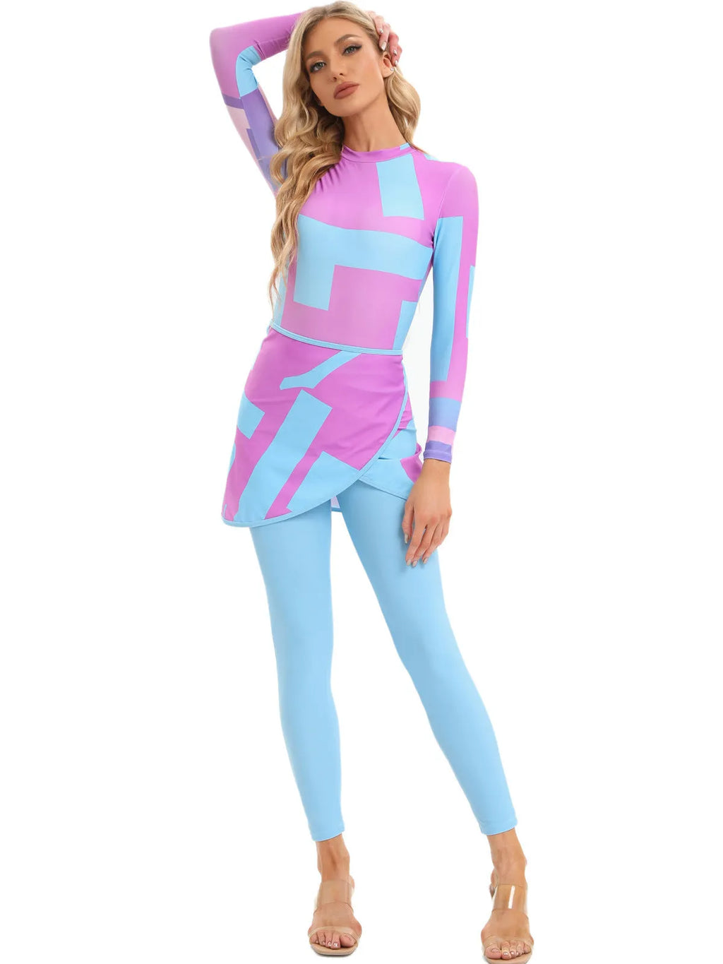 Conservative Muslim print swimsuit three-piece set with matching apron in Sapphire colour