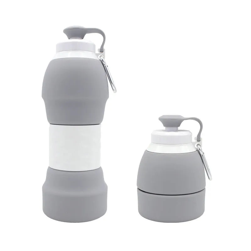 Silicone folding water bottle showing extended and compressed states in blue colour