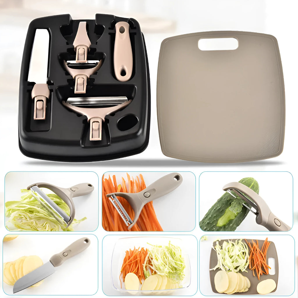 Green eight-piece multi-function kitchen planer set with transparent cover showing stainless steel blades