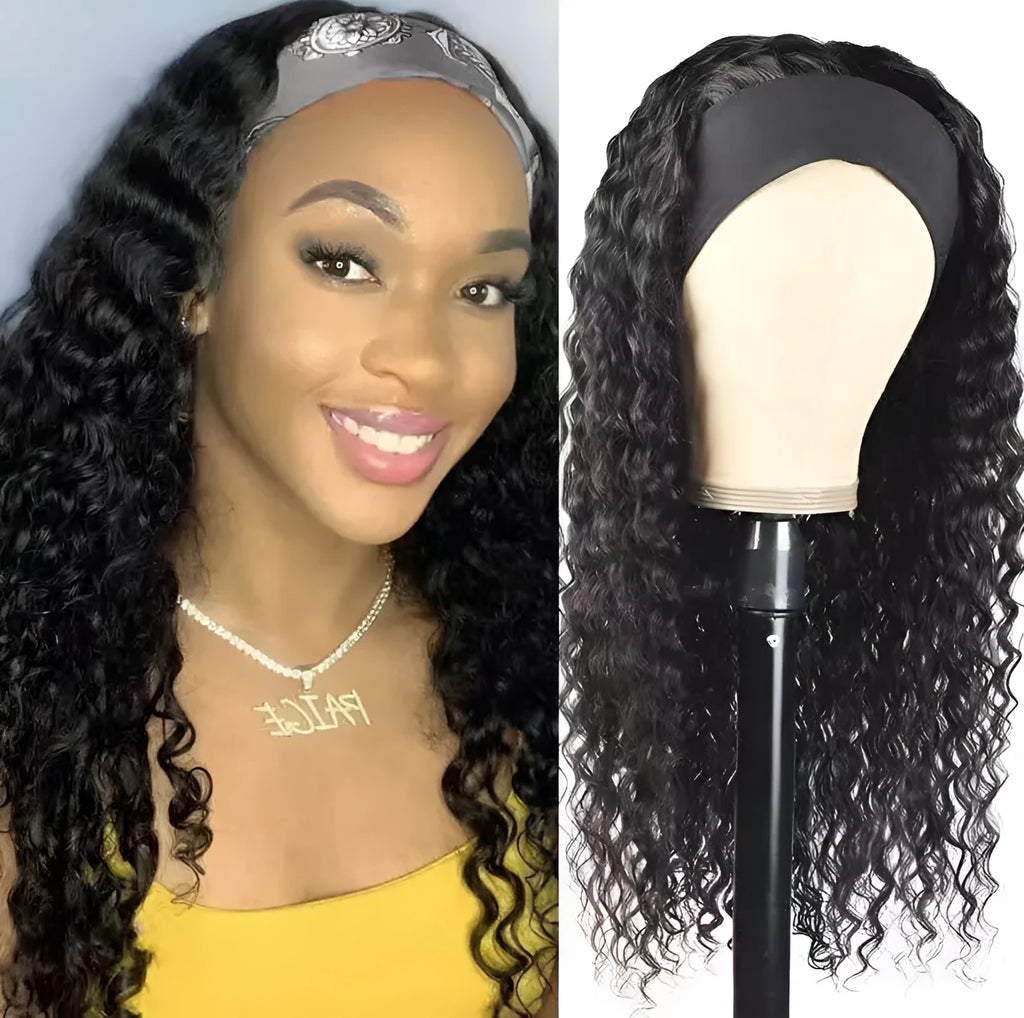European and American women's head scarf wig with ice silk headband, long curly hair, high temperature wire, realistic style