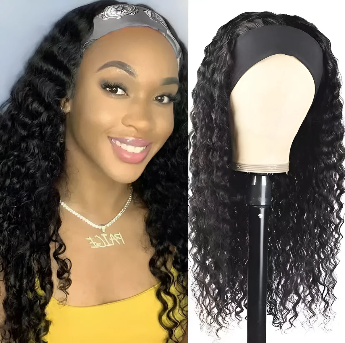European and American women's head scarf wig with ice silk headband, long curly hair, high temperature wire, realistic style