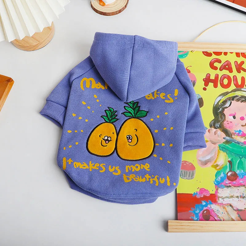 Blue and purple cartoon printed plush fleece dog hoodie with a cotton lining and a hood.