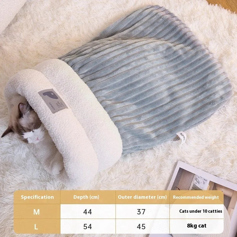 Brown semi-enclosed lambswool pet sleeping bag for cats on a wooden floor.