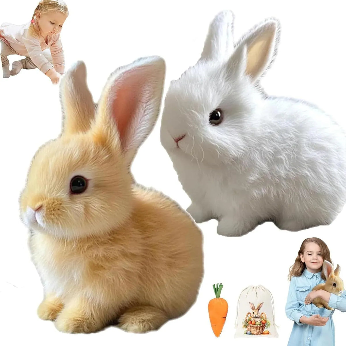 Electric realistic rabbit plush toy in plush material with carrot accessory on white background