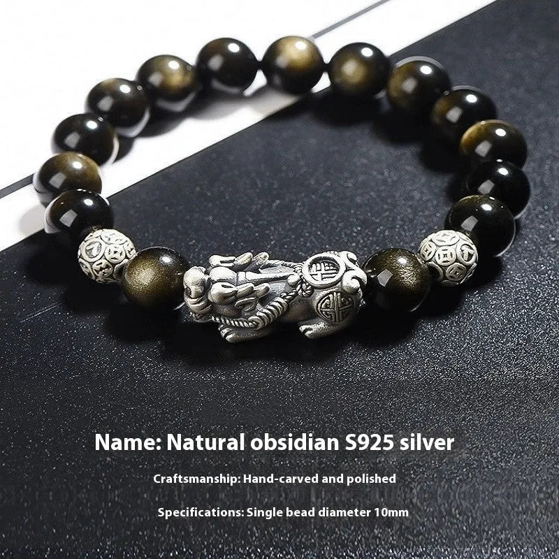 Men's geometric obsidian and sterling silver bracelet showing polished finish and adjustable sizing options