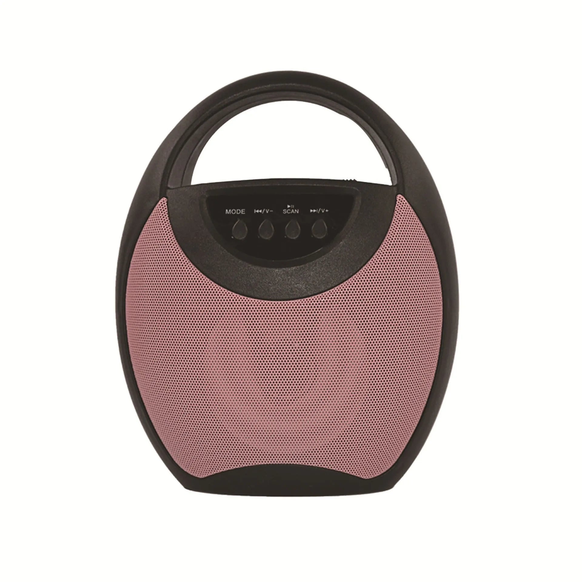 A portable Bluetooth speaker in black, blue, or pink plastic casing with USB and SD card slots.