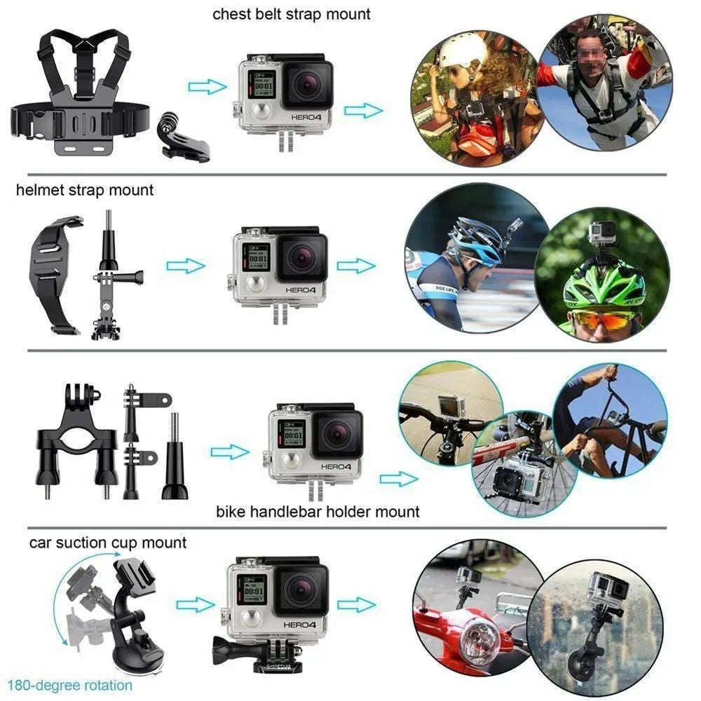 Black sports camera accessory kit with chest strap, head belt, car suction cup, and floating handle grip displayed on a white background