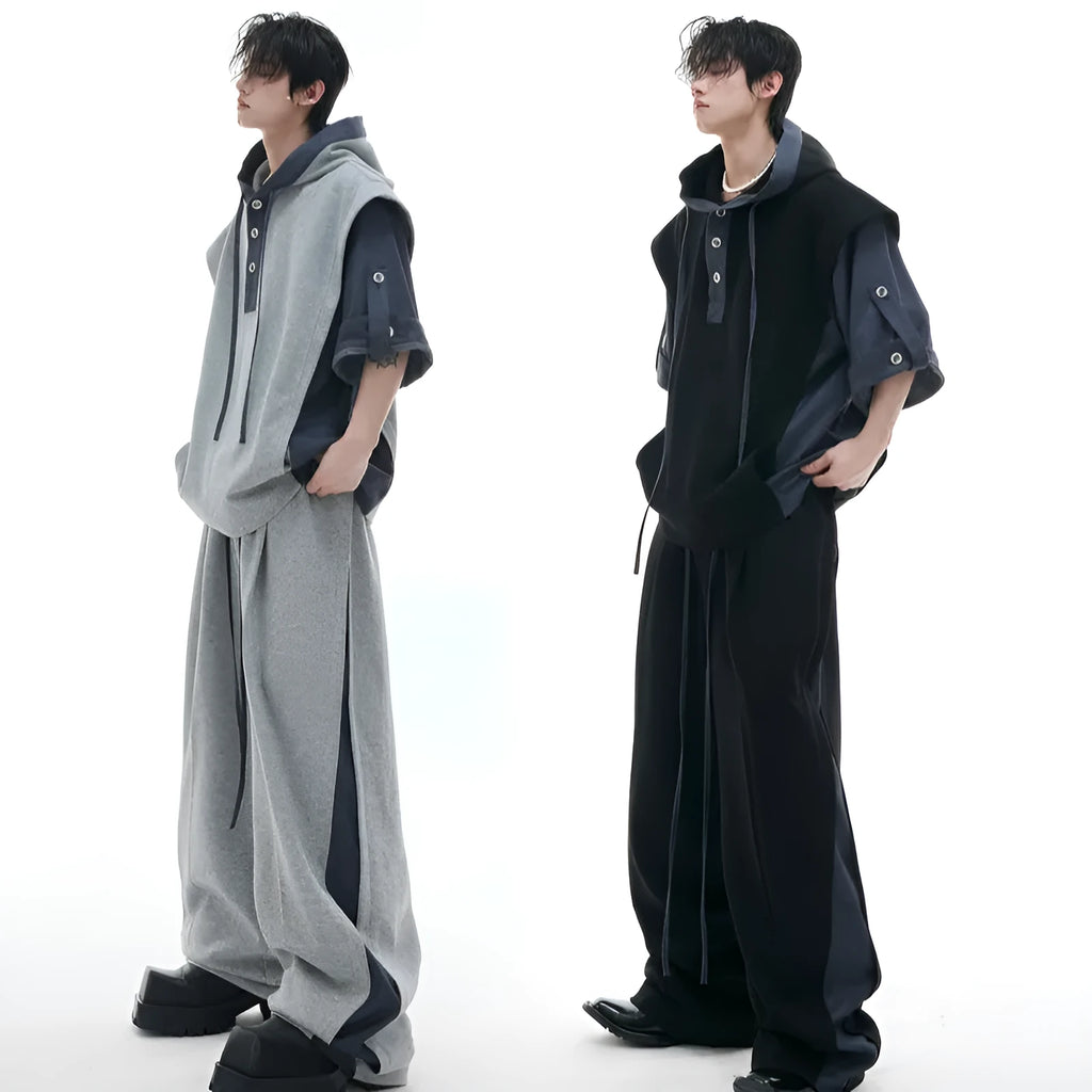 Heavy industry sports leisure suit set showing hooded polyester sweatshirt with three-dimensional stitching and matching trousers