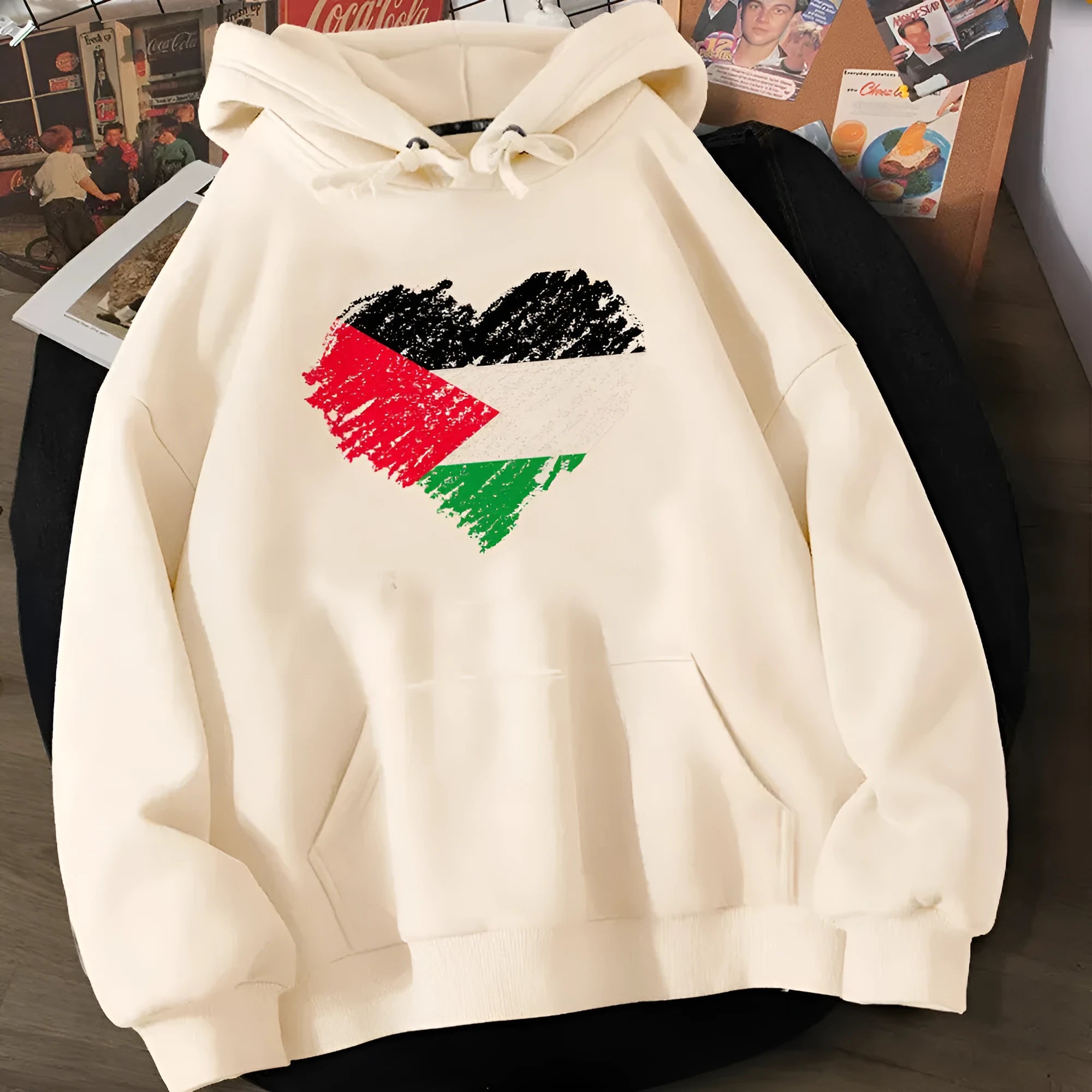 Unisex beige polyester hoodie with printed design and regular sleeves, front view