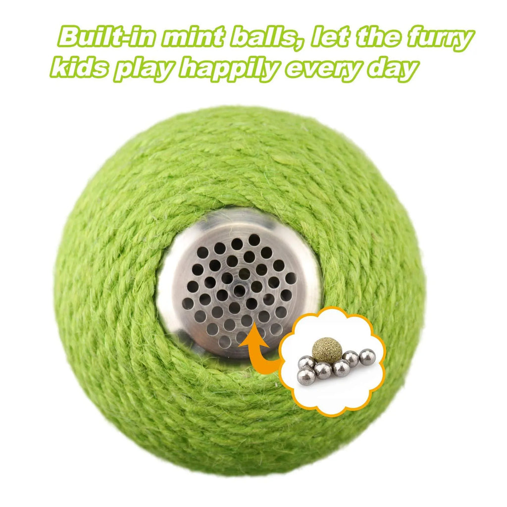 Green cactus-shaped cat activity tower with sisal scratching post and a tumbler ball catnip toy.