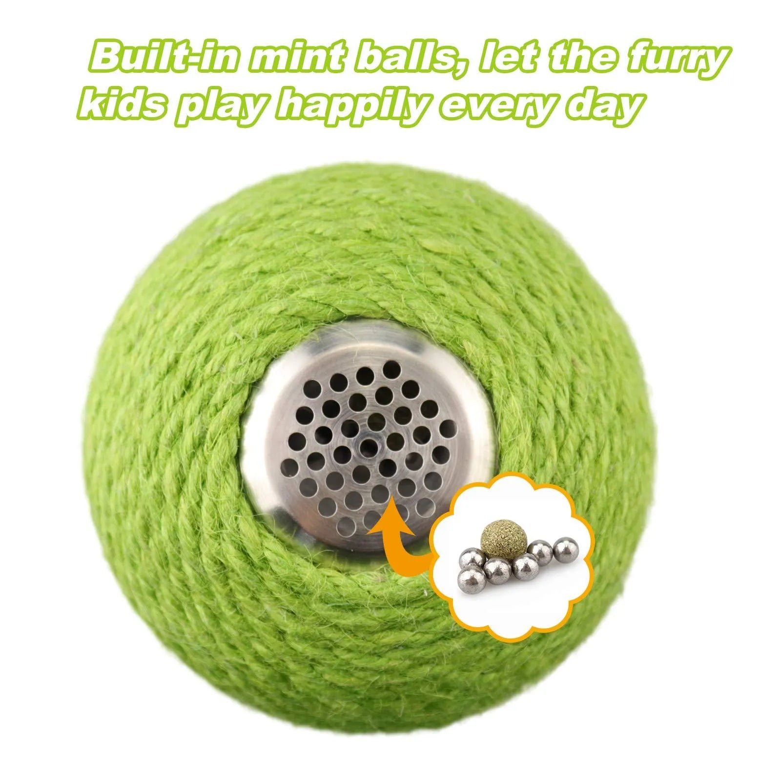 Green cactus-shaped cat activity tower with sisal scratching post and a tumbler ball catnip toy.