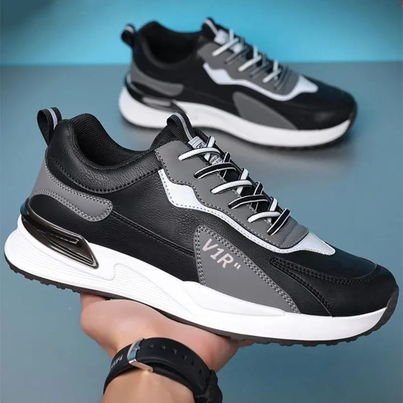 Men's casual colour-block lace-up sneakers with soft sole, black, grey, white options